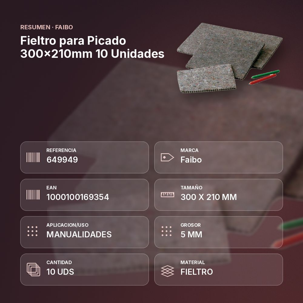 FIELTRO PARA PICADO 300X210MM 10 UNIDADES - resumen de atributos