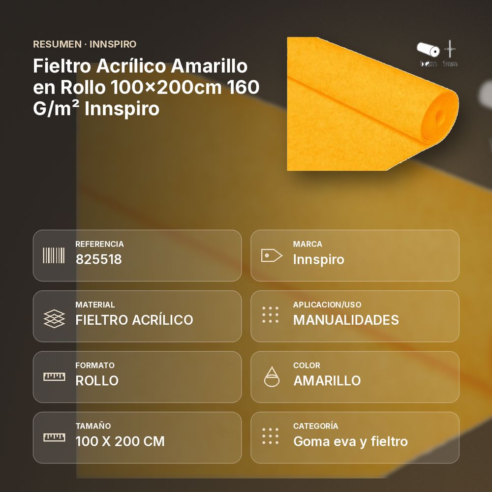 FIELTRO ACRÍLICO AMARILLO EN ROLLO 100×200CM 160 G/M² INNSPIRO - resumen de atributos