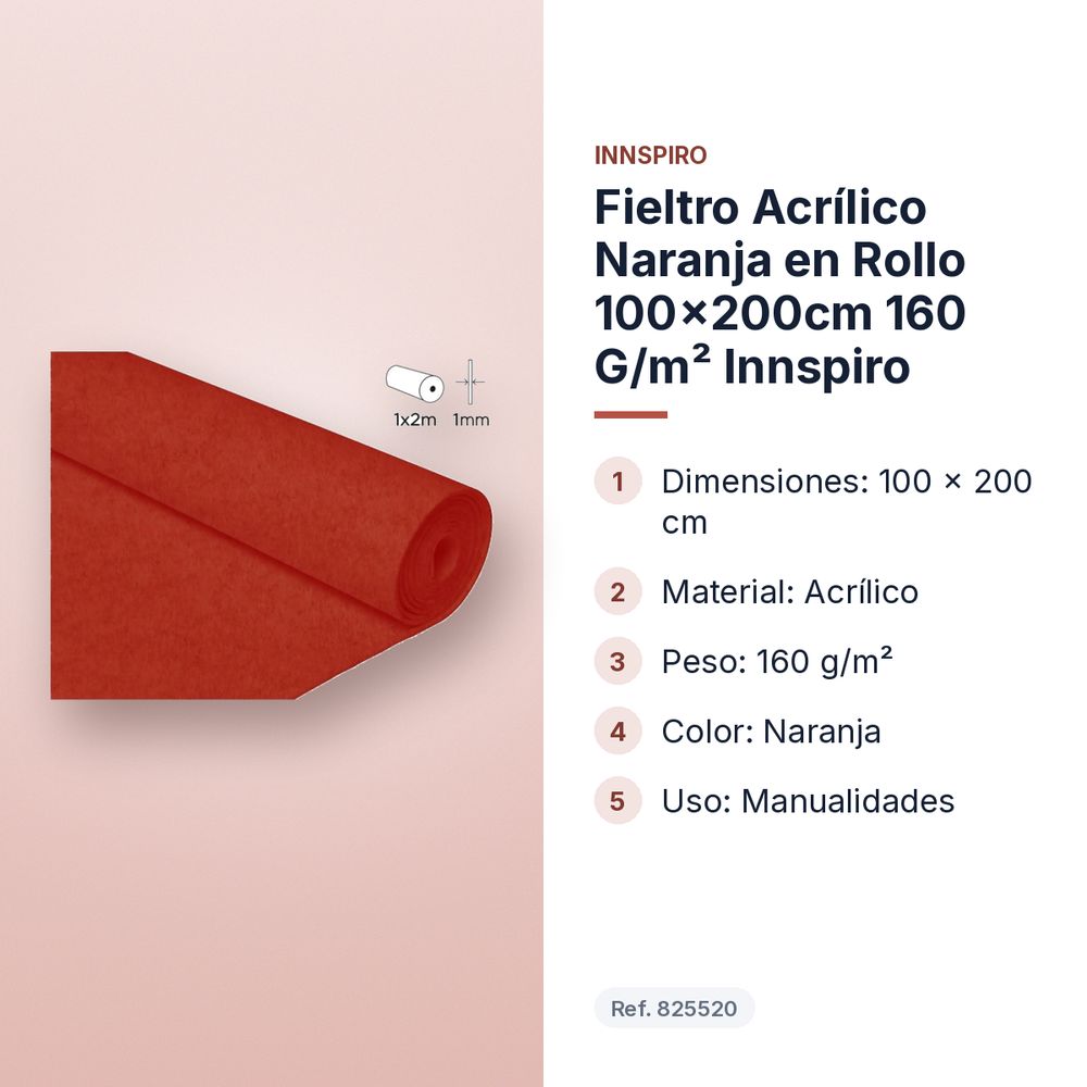 FIELTRO ACRÍLICO NARANJA EN ROLLO 100×200CM 160 G/M² INNSPIRO - características principales