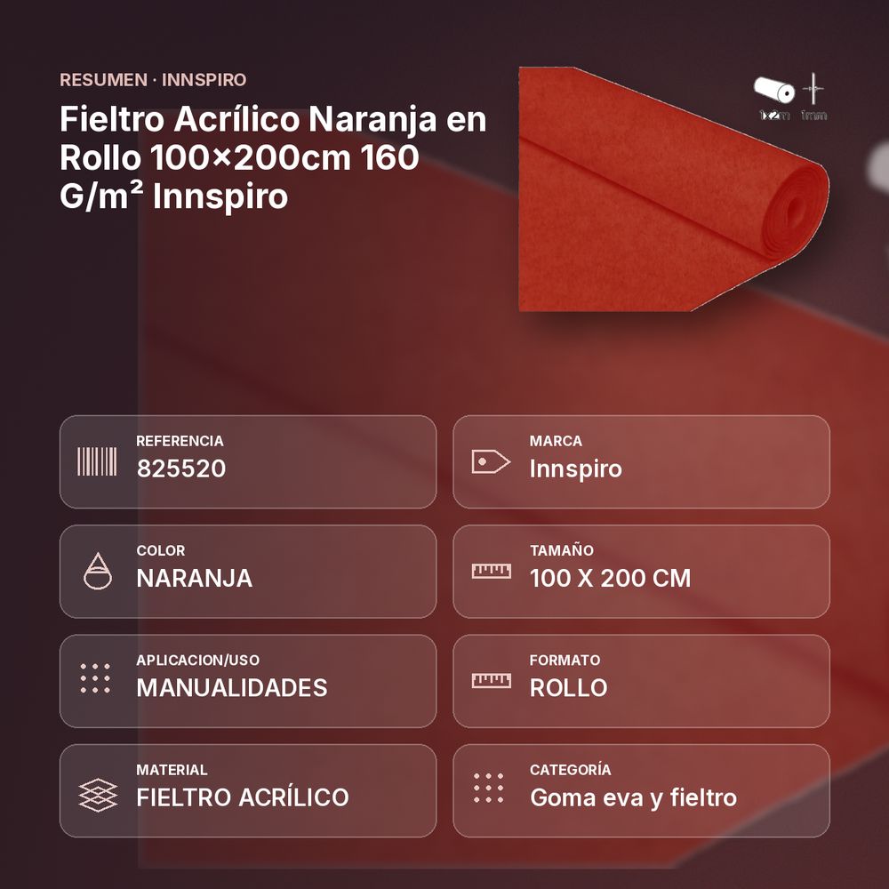 FIELTRO ACRÍLICO NARANJA EN ROLLO 100×200CM 160 G/M² INNSPIRO - resumen de atributos