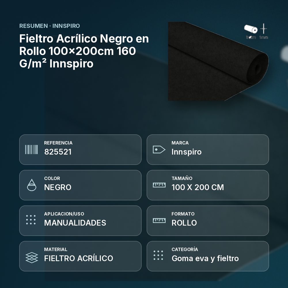 FIELTRO ACRÍLICO NEGRO EN ROLLO 100×200CM 160 G/M² INNSPIRO - resumen de atributos