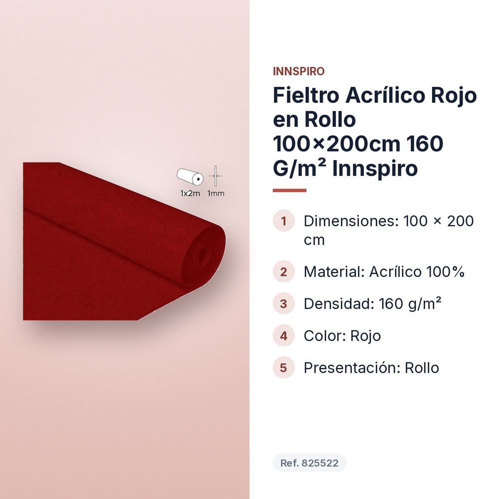 FIELTRO ACRÍLICO ROJO EN ROLLO 100×200CM 160 G/M² INNSPIRO - características principales