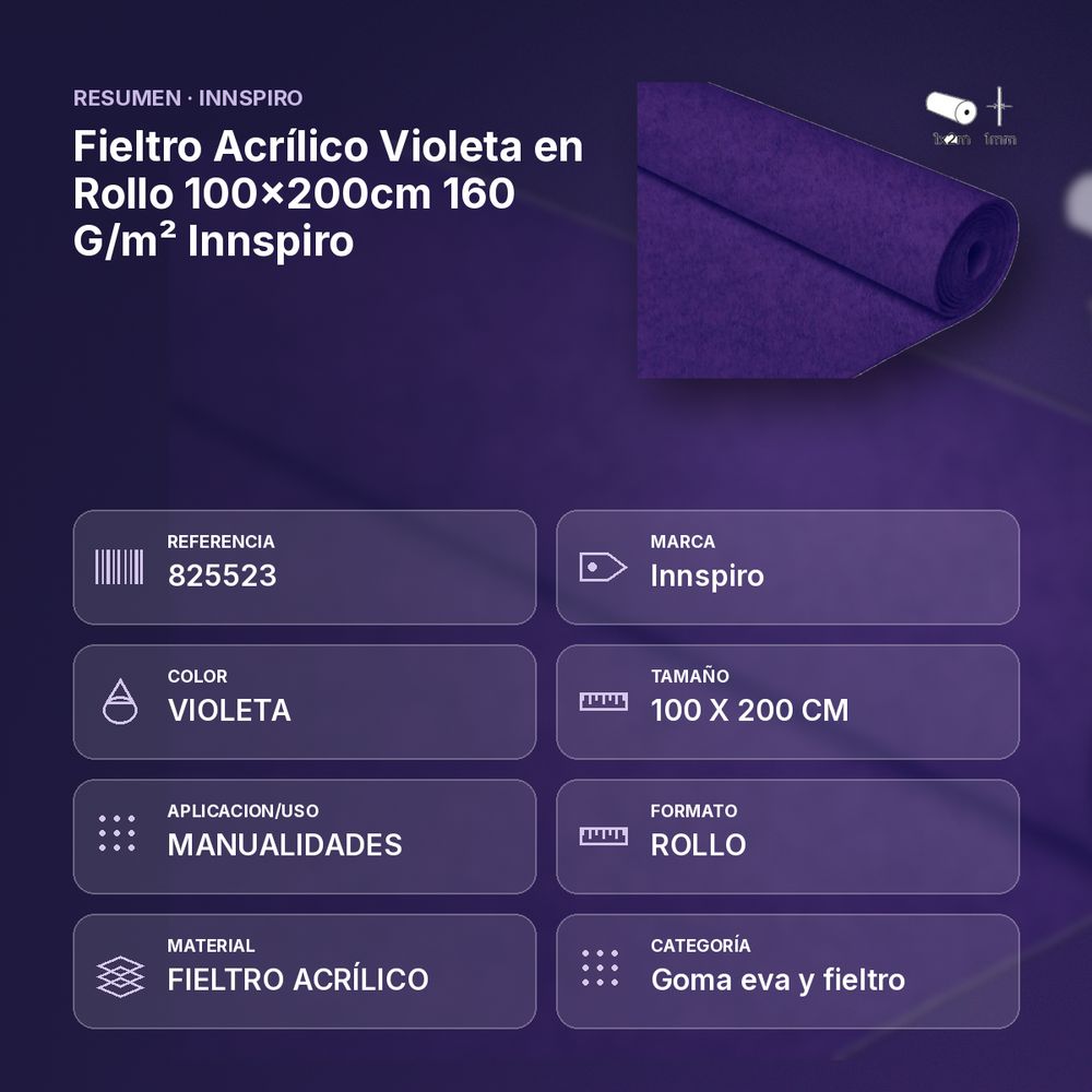 FIELTRO ACRÍLICO VIOLETA EN ROLLO 100×200CM 160 G/M² INNSPIRO - resumen de atributos