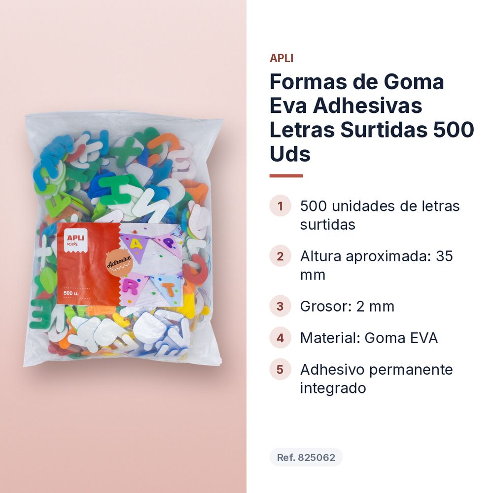 FORMAS DE GOMA EVA ADHESIVAS LETRAS SURTIDAS 500 UDS - características principales