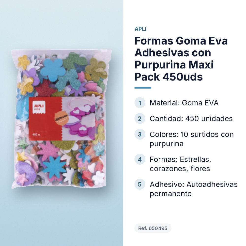FORMAS GOMA EVA ADHESIVAS CON PURPURINA MAXI PACK 450UDS - características principales