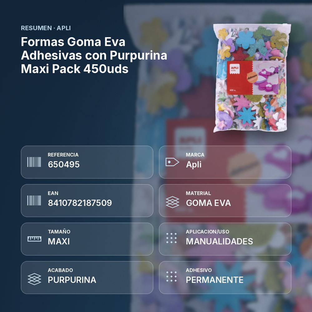 FORMAS GOMA EVA ADHESIVAS CON PURPURINA MAXI PACK 450UDS - resumen de atributos