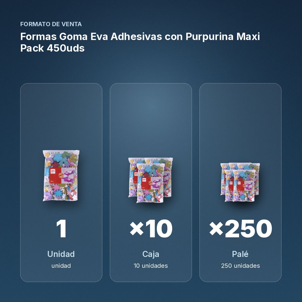 FORMAS GOMA EVA ADHESIVAS CON PURPURINA MAXI PACK 450UDS - formato de venta: caja de 10, palé de 250