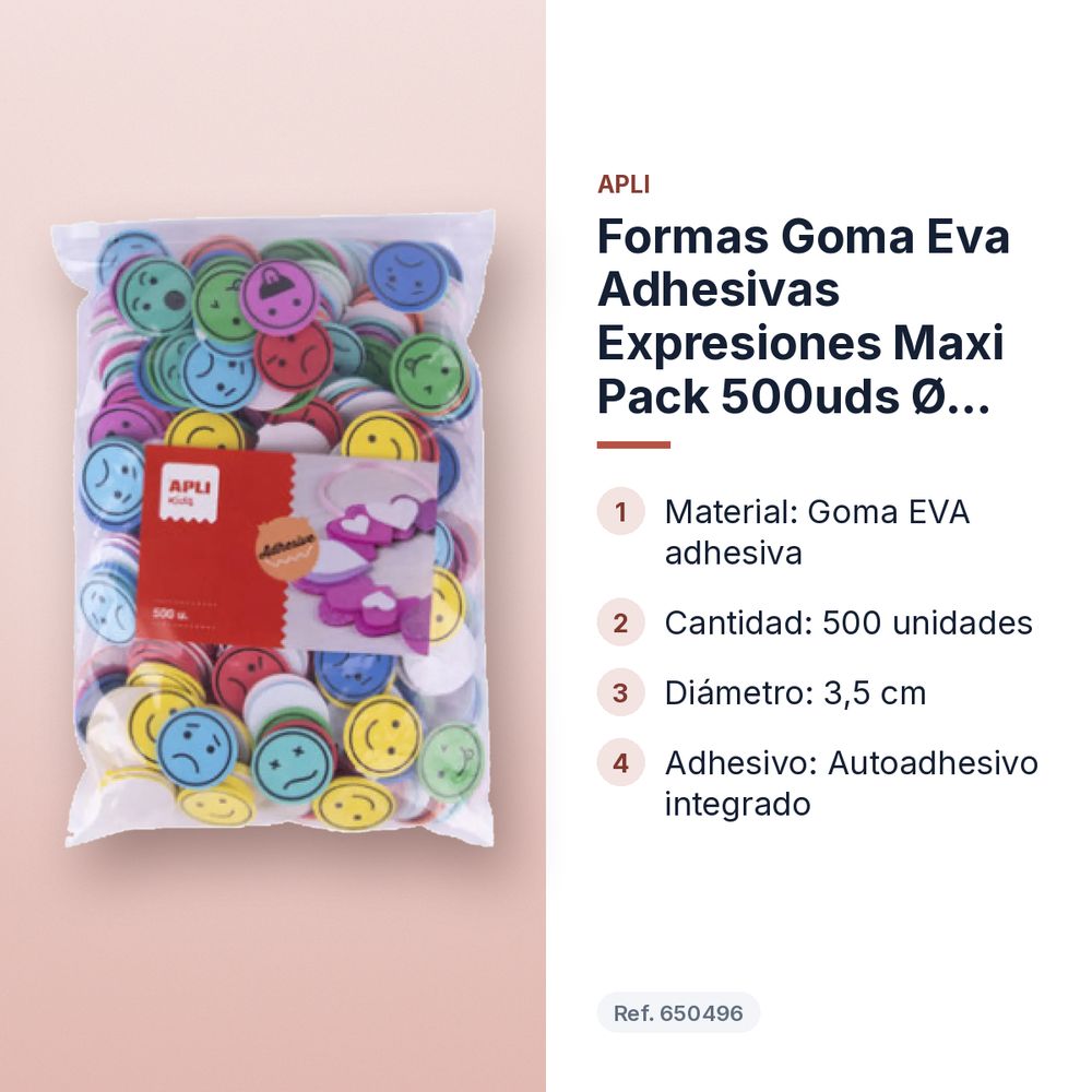 FORMAS GOMA EVA ADHESIVAS EXPRESIONES MAXI PACK 500UDS Ø 3,5CM - características principales
