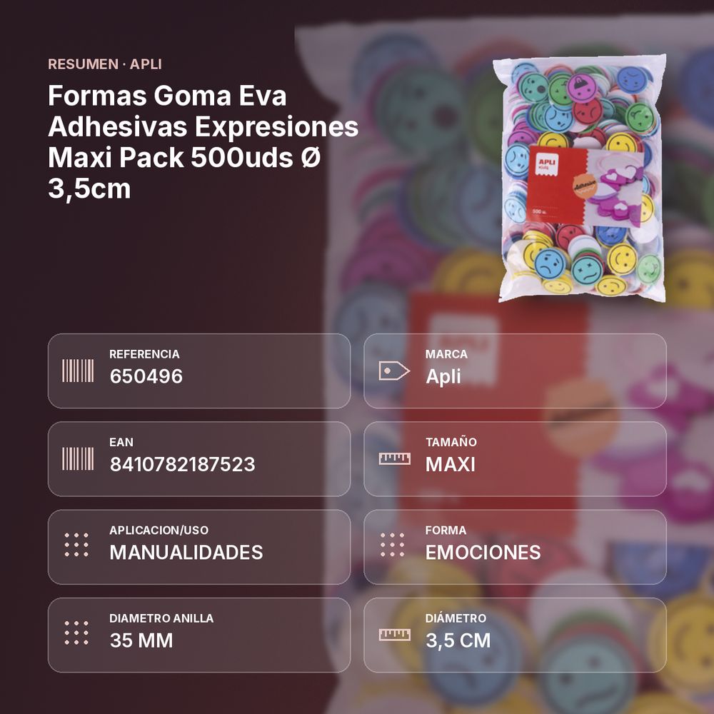 FORMAS GOMA EVA ADHESIVAS EXPRESIONES MAXI PACK 500UDS Ø 3,5CM - resumen de atributos