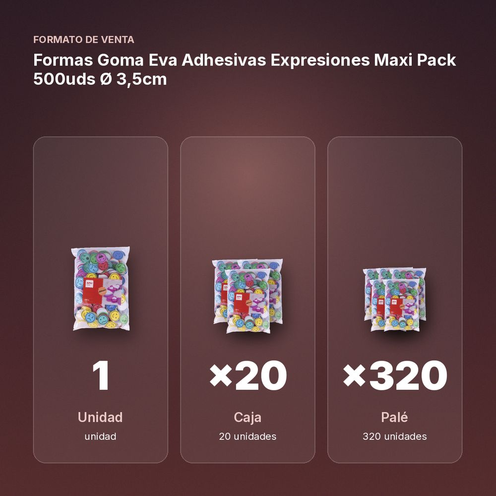 FORMAS GOMA EVA ADHESIVAS EXPRESIONES MAXI PACK 500UDS Ø 3,5CM - formato de venta: caja de 20, palé de 320