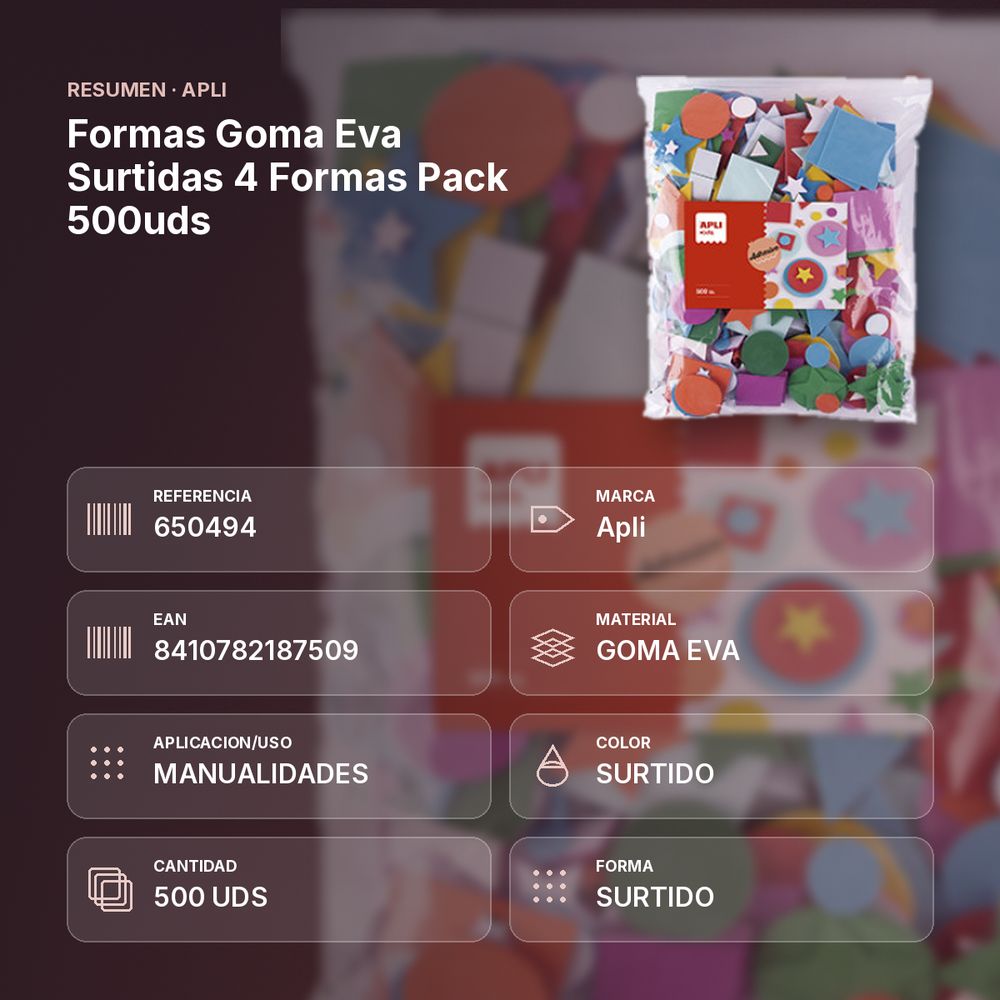 FORMAS GOMA EVA SURTIDAS 4 FORMAS PACK 500UDS - resumen de atributos