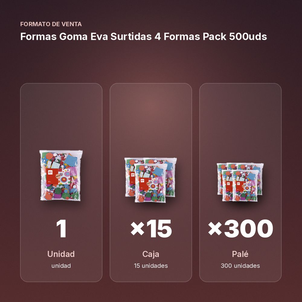 FORMAS GOMA EVA SURTIDAS 4 FORMAS PACK 500UDS - formato de venta: caja de 15, palé de 300