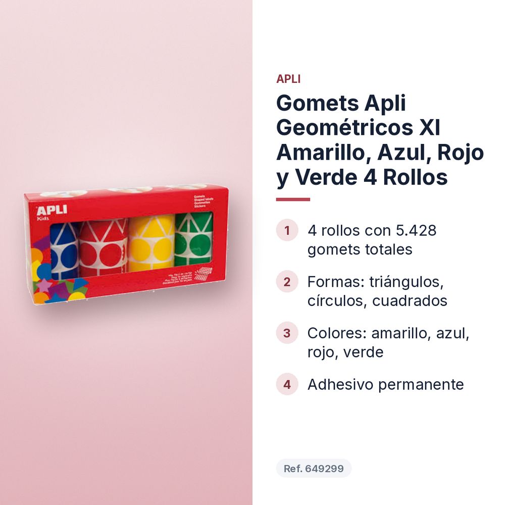 GOMETS APLI  GEOMÉTRICOS XL AMARILLO, AZUL, ROJO Y VERDE 4 ROLLOS - características principales