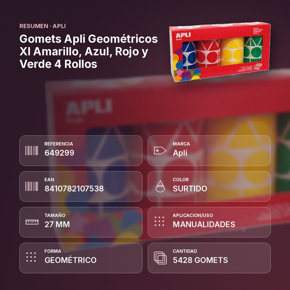 GOMETS APLI  GEOMÉTRICOS XL AMARILLO, AZUL, ROJO Y VERDE 4 ROLLOS - resumen de atributos