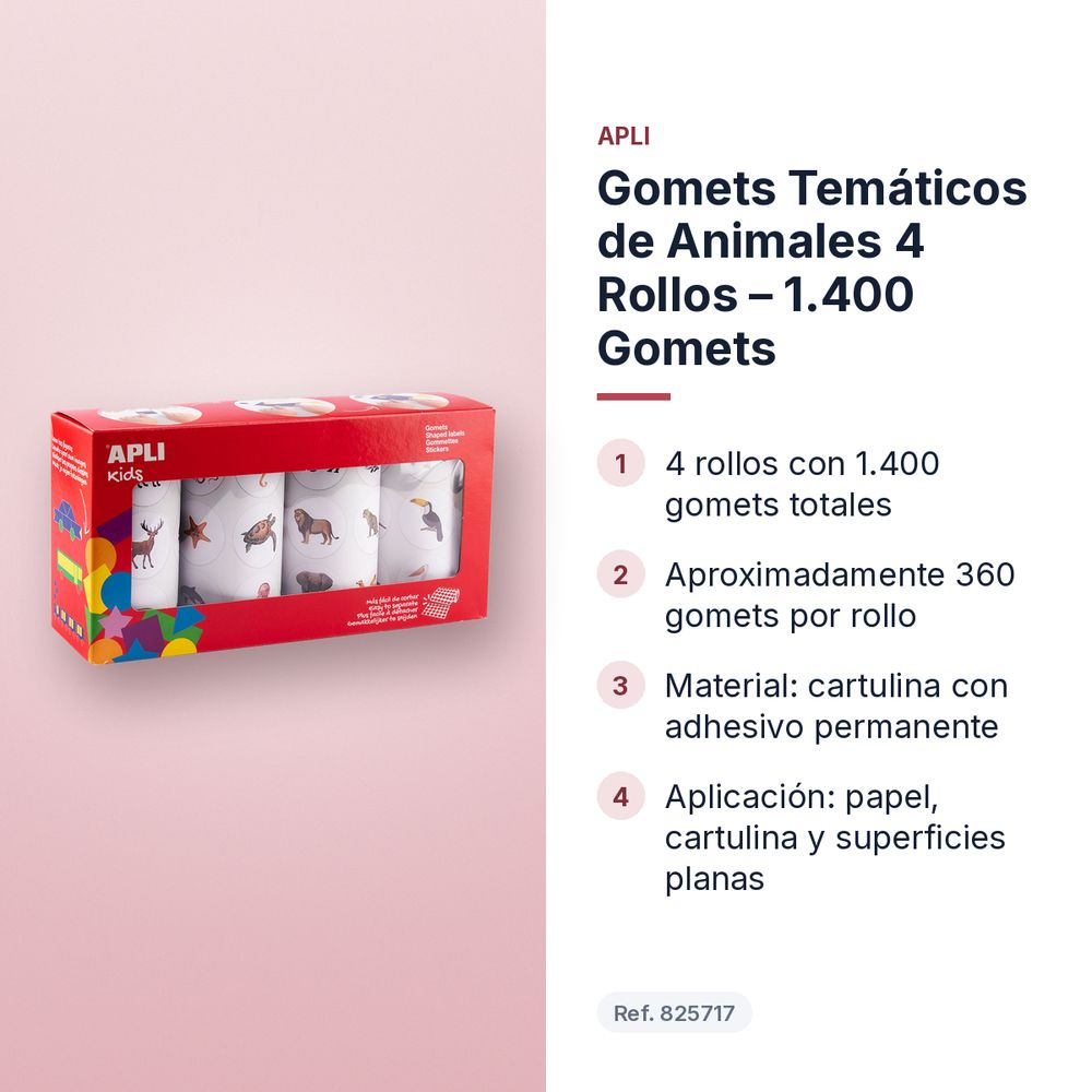 GOMETS TEMÁTICOS DE ANIMALES 4 ROLLOS – 1.400 GOMETS - características principales