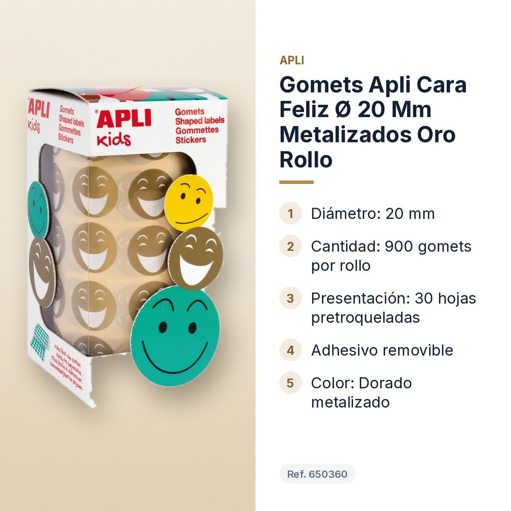 GOMETS APLI CARA FELIZ Ø 20 MM METALIZADOS ORO ROLLO - características principales