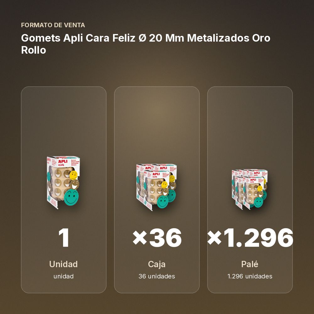 GOMETS APLI CARA FELIZ Ø 20 MM METALIZADOS ORO ROLLO - formato de venta: caja de 36, palé de 1296