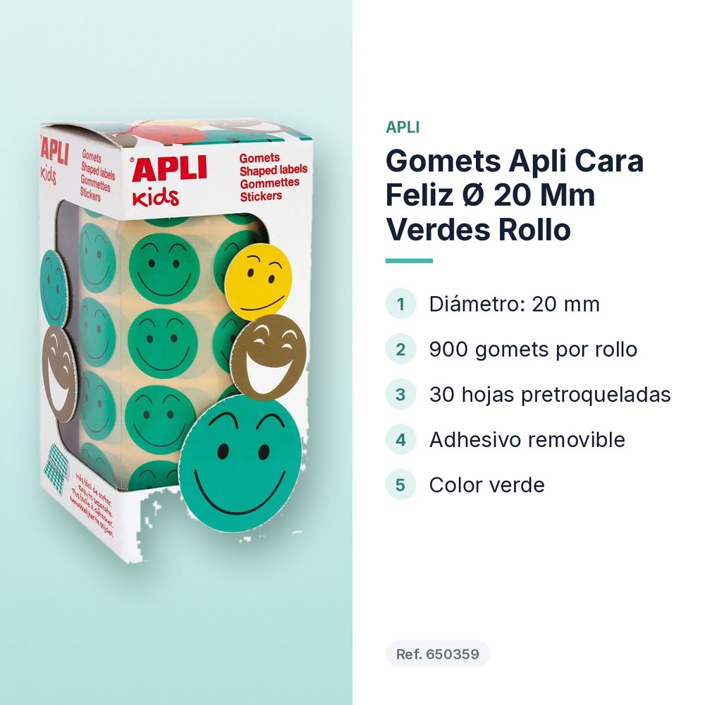GOMETS APLI CARA FELIZ Ø 20 MM VERDES ROLLO - características principales