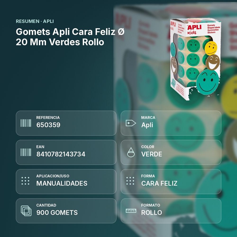 GOMETS APLI CARA FELIZ Ø 20 MM VERDES ROLLO - resumen de atributos