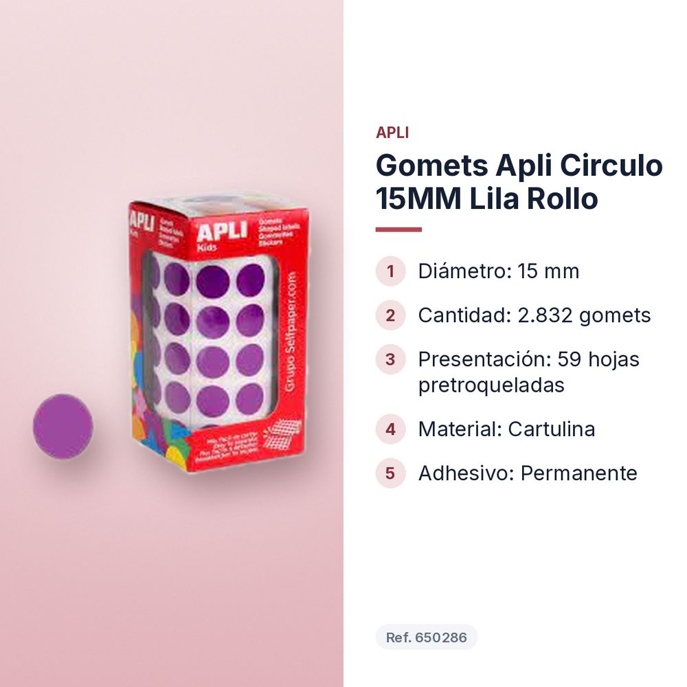 GOMETS APLI CIRCULO 15MM LILA ROLLO - características principales