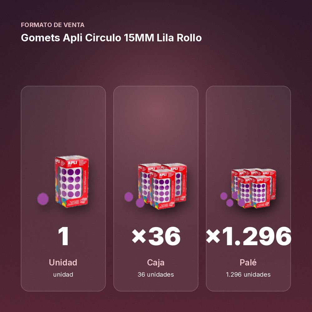GOMETS APLI CIRCULO 15MM LILA ROLLO - formato de venta: caja de 36, palé de 1296