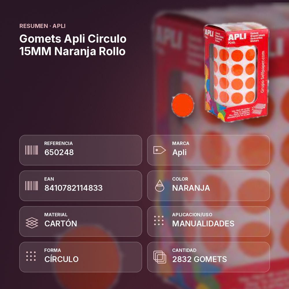 GOMETS APLI CIRCULO 15MM NARANJA ROLLO - resumen de atributos