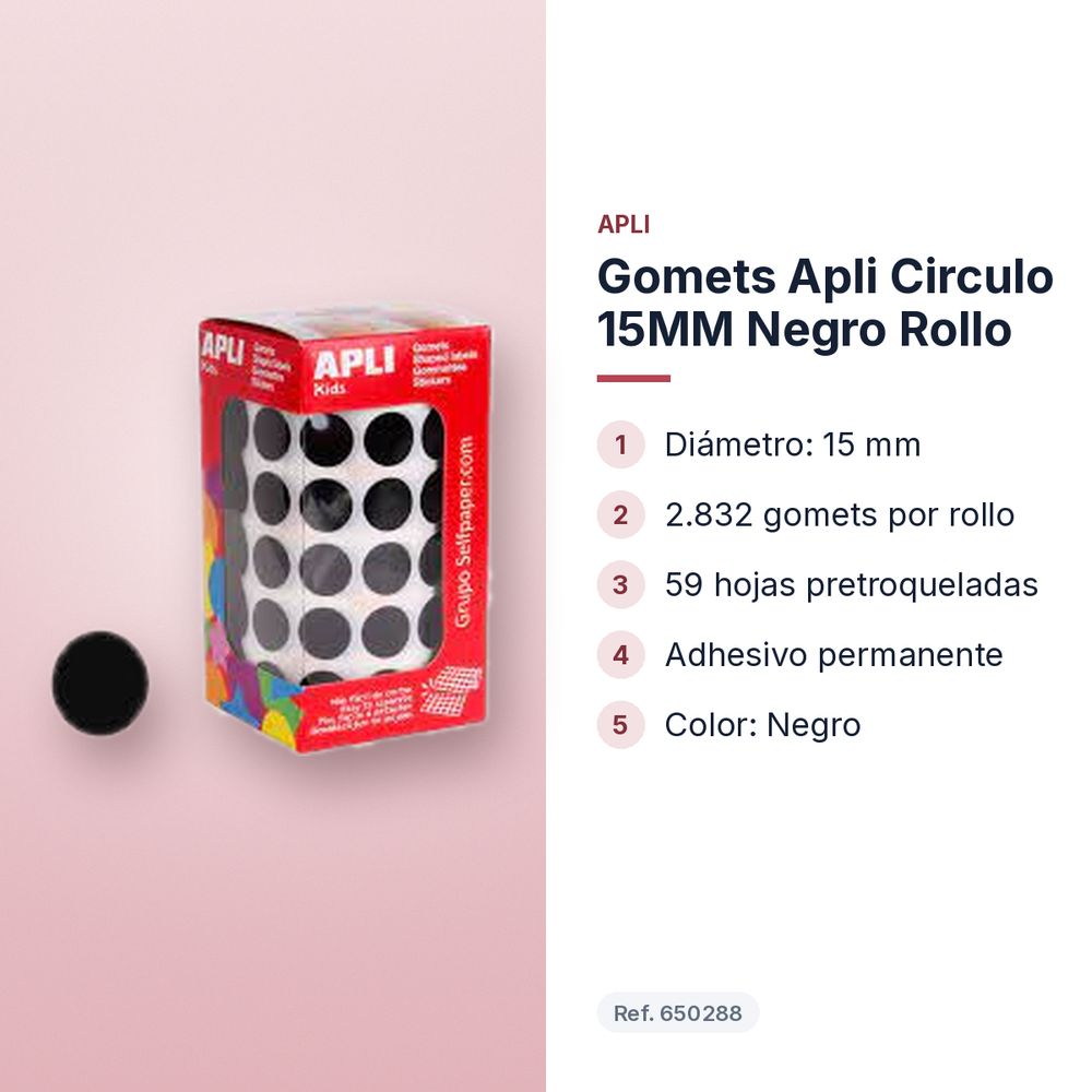 GOMETS APLI CIRCULO 15MM NEGRO ROLLO - características principales