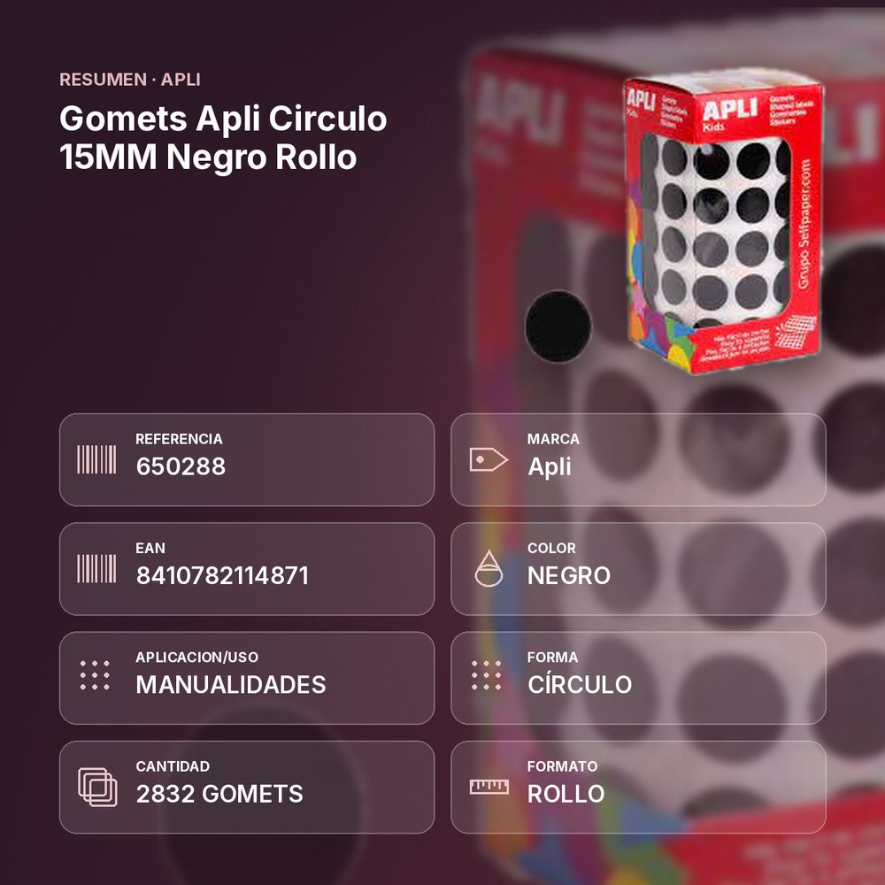 GOMETS APLI CIRCULO 15MM NEGRO ROLLO - resumen de atributos
