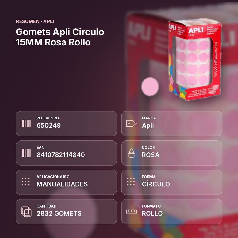 GOMETS APLI CIRCULO 15MM ROSA ROLLO - resumen de atributos