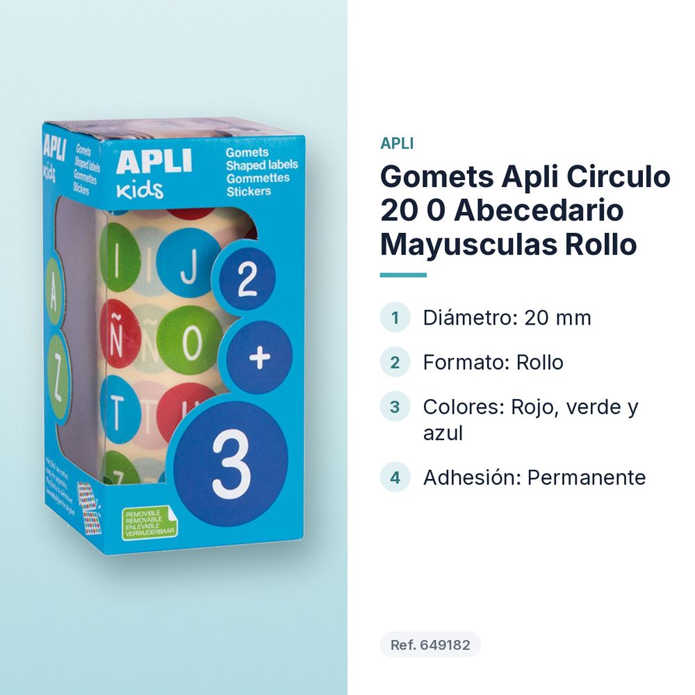 GOMETS APLI CIRCULO 20 0 ABECEDARIO MAYUSCULAS ROLLO - características principales