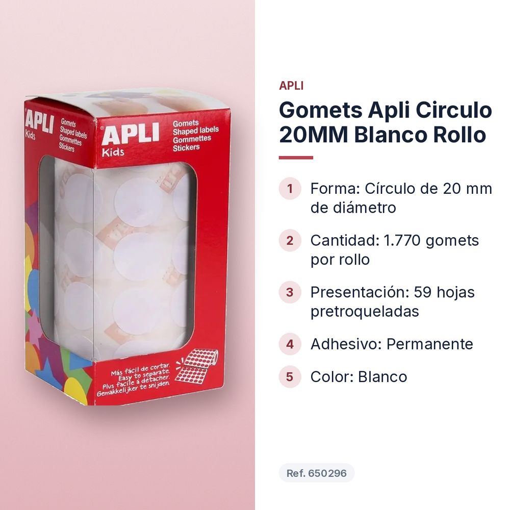 GOMETS APLI CIRCULO 20MM BLANCO ROLLO - características principales