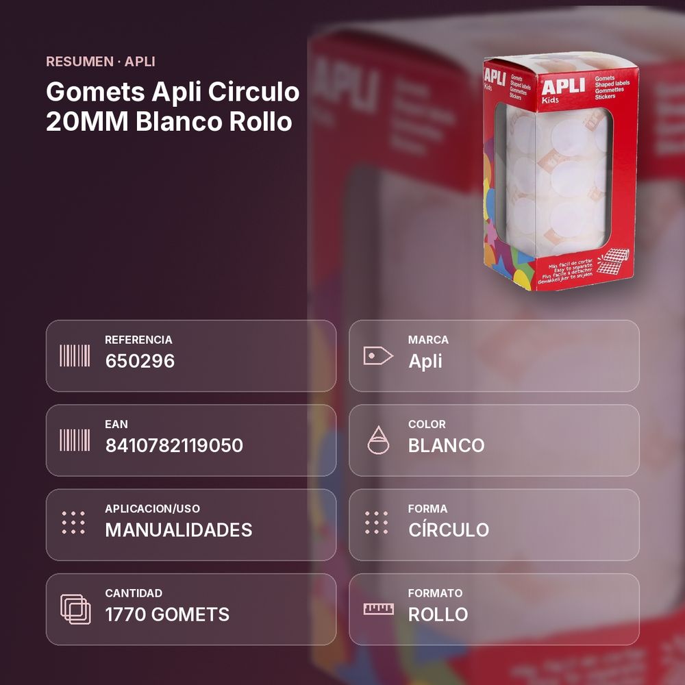 GOMETS APLI CIRCULO 20MM BLANCO ROLLO - resumen de atributos