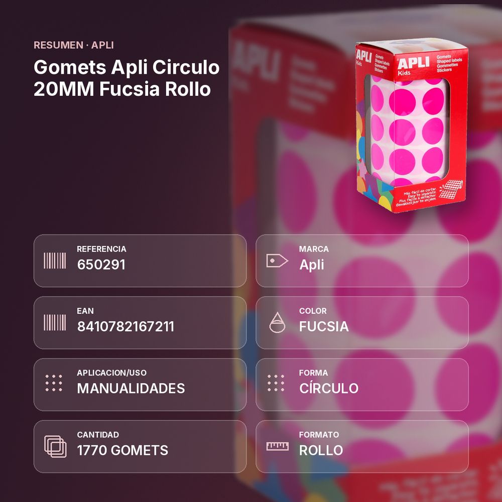 GOMETS APLI CIRCULO 20MM FUCSIA ROLLO - resumen de atributos