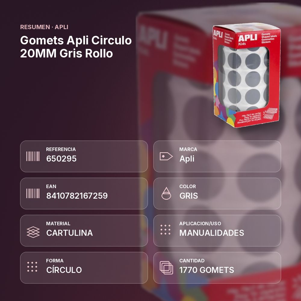 GOMETS APLI CIRCULO 20MM GRIS ROLLO - resumen de atributos