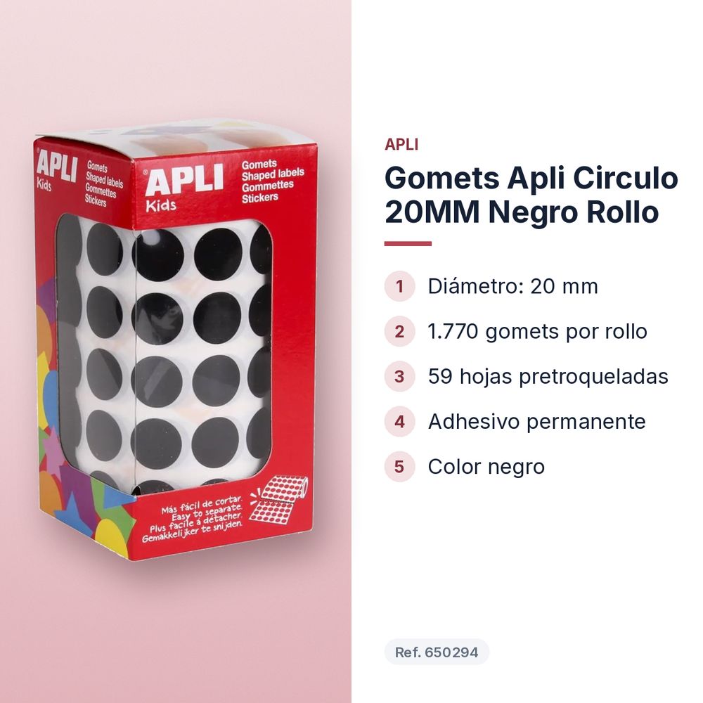 GOMETS APLI CIRCULO 20MM NEGRO ROLLO - características principales