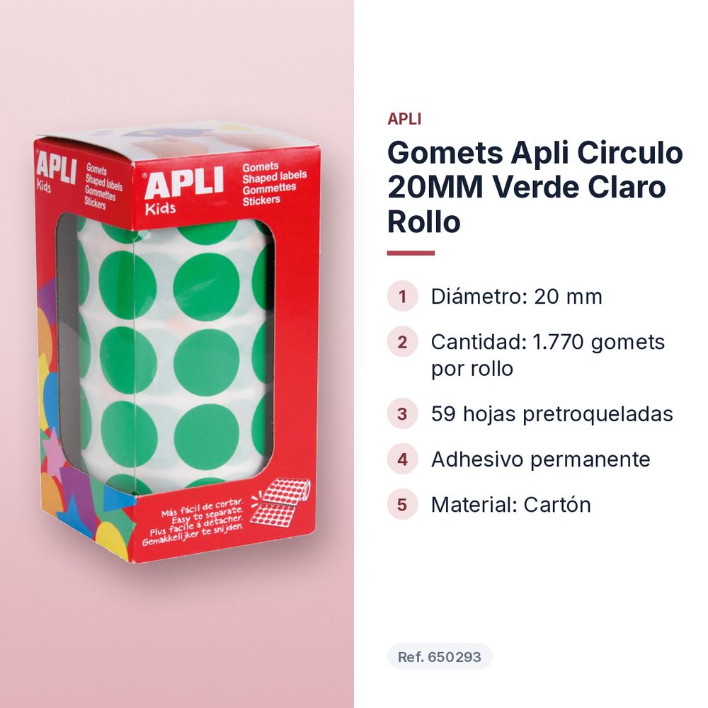 GOMETS APLI CIRCULO 20MM VERDE CLARO  ROLLO - características principales