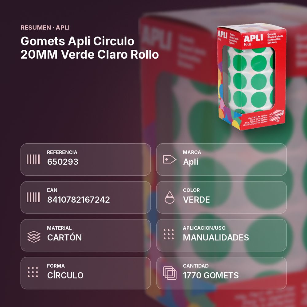 GOMETS APLI CIRCULO 20MM VERDE CLARO  ROLLO - resumen de atributos
