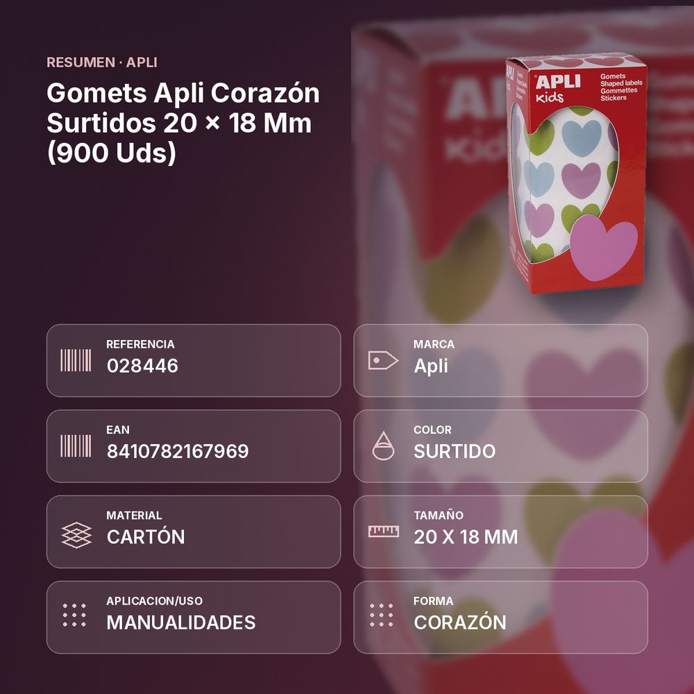GOMETS APLI CORAZÓN SURTIDOS 20 X 18 MM (900 UDS) - resumen de atributos