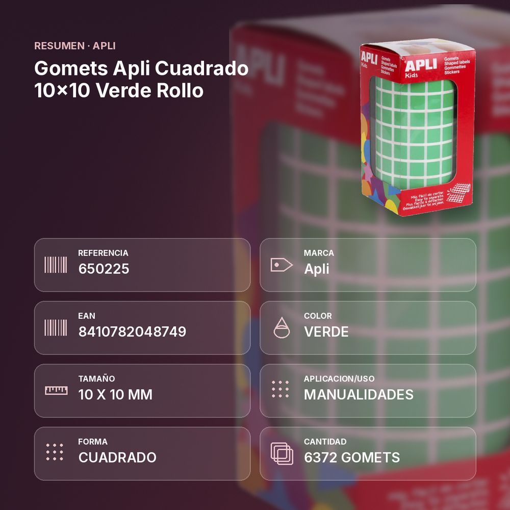 GOMETS APLI CUADRADO 10X10 VERDE ROLLO - resumen de atributos