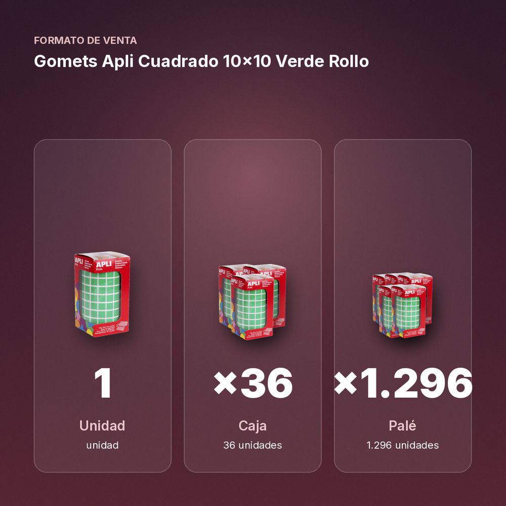 GOMETS APLI CUADRADO 10X10 VERDE ROLLO - formato de venta: caja de 36, palé de 1296