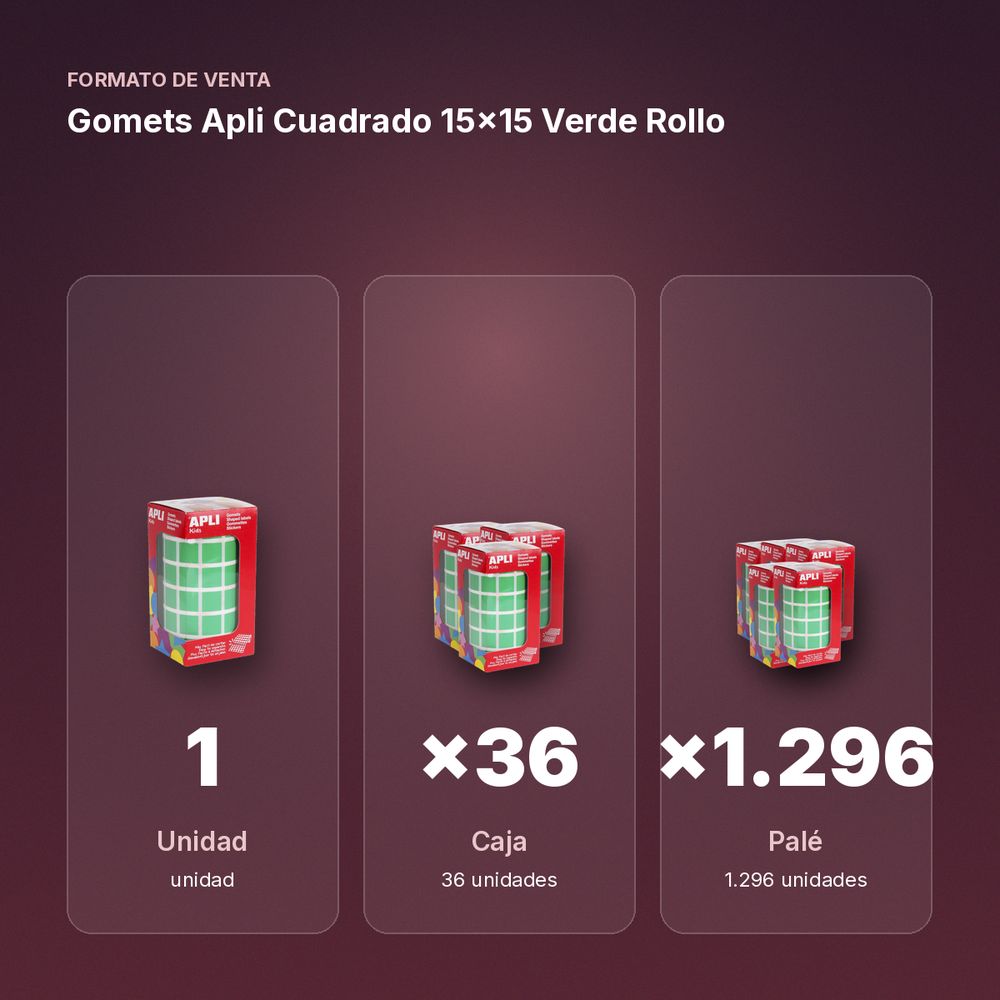GOMETS APLI CUADRADO 15X15 VERDE ROLLO - formato de venta: caja de 36, palé de 1296