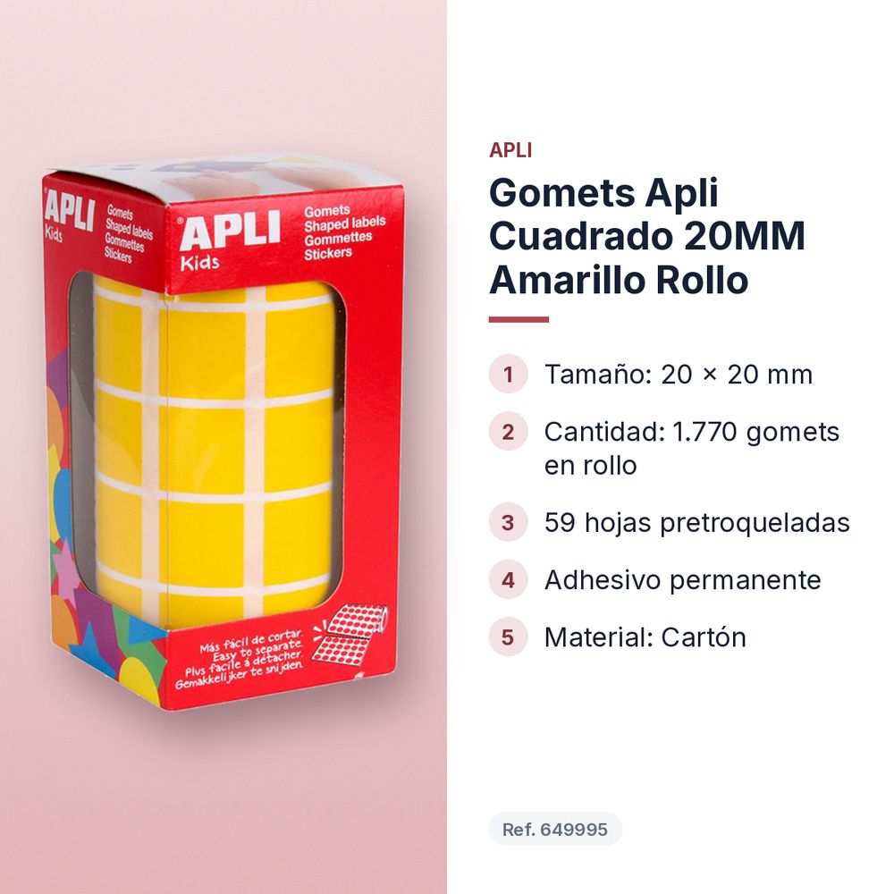 GOMETS APLI CUADRADO 20MM AMARILLO ROLLO - características principales