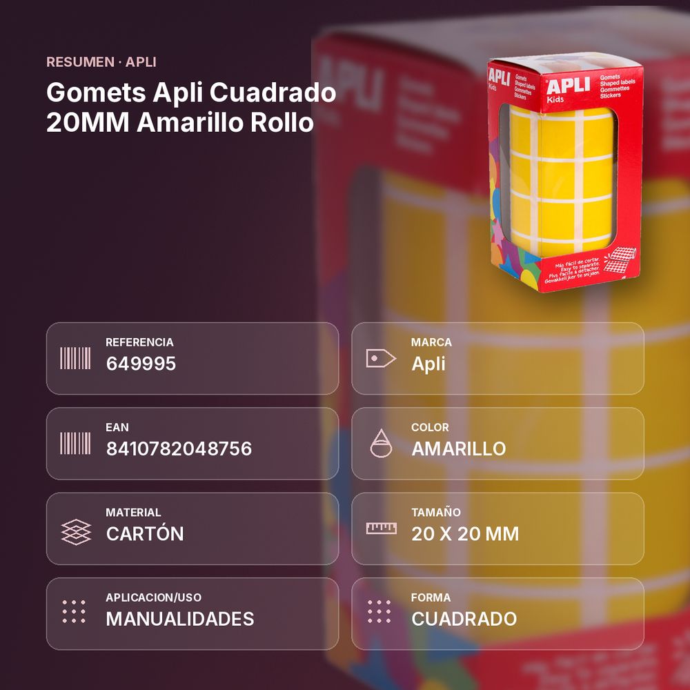 GOMETS APLI CUADRADO 20MM AMARILLO ROLLO - resumen de atributos