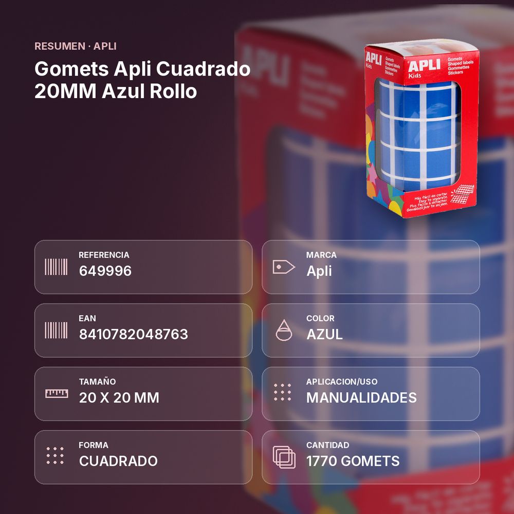 GOMETS APLI CUADRADO 20MM AZUL ROLLO - resumen de atributos