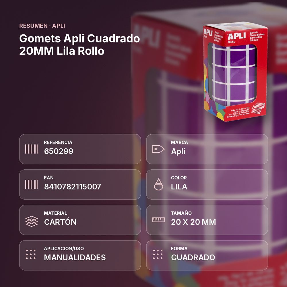GOMETS APLI CUADRADO 20MM LILA ROLLO - resumen de atributos