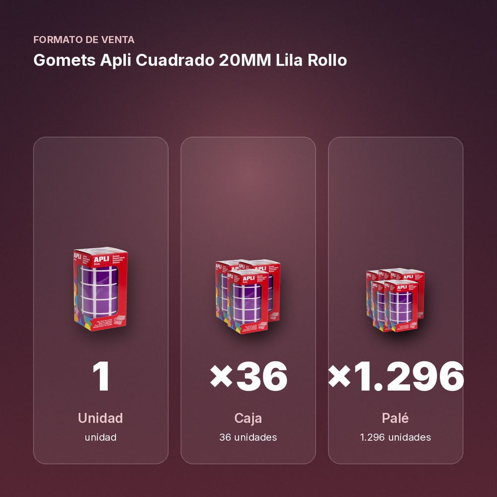 GOMETS APLI CUADRADO 20MM LILA ROLLO - formato de venta: caja de 36, palé de 1296