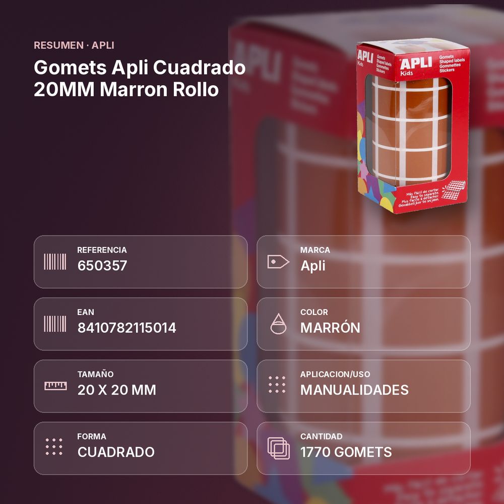 GOMETS APLI CUADRADO 20MM MARRON ROLLO - resumen de atributos