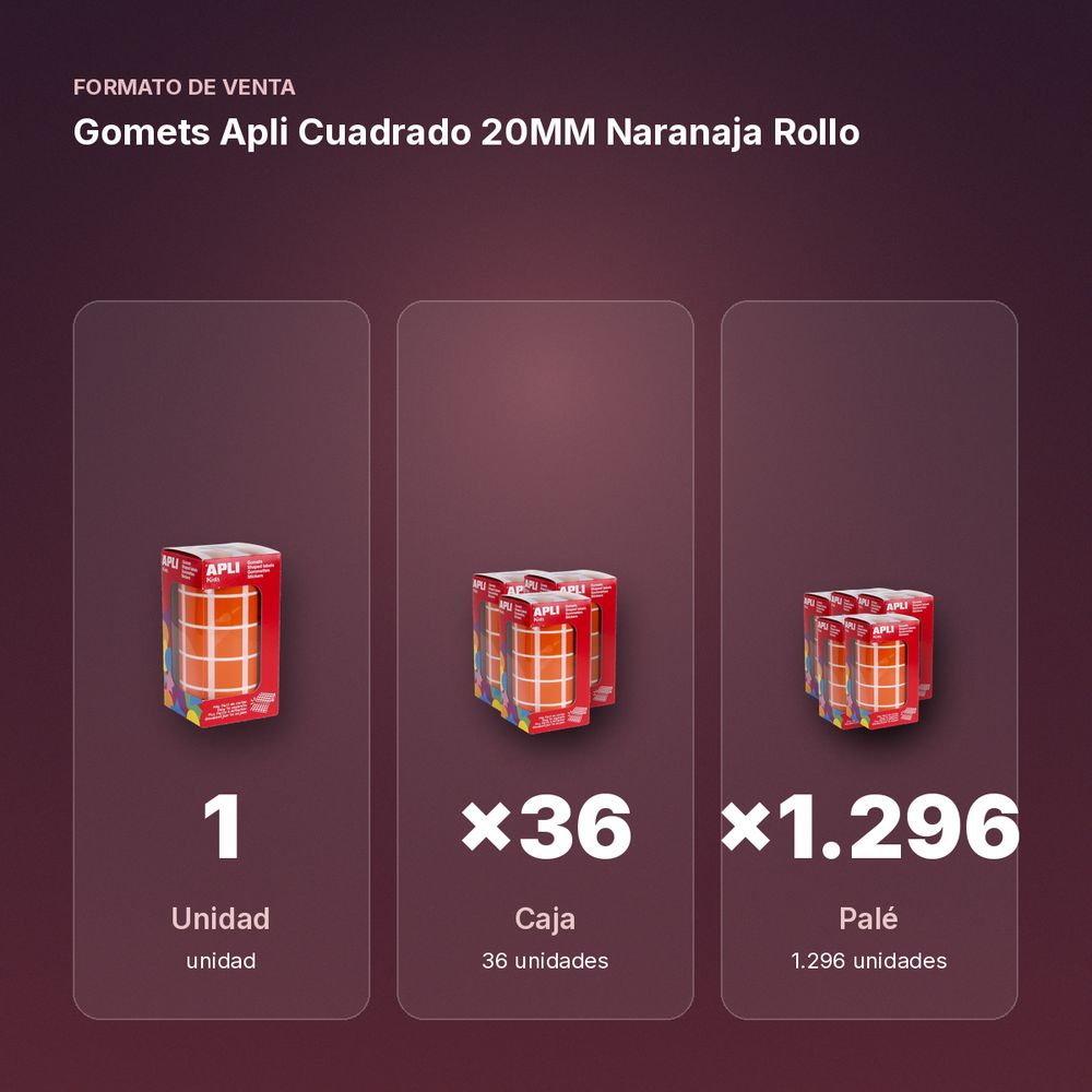 GOMETS APLI CUADRADO 20MM NARANAJA ROLLO - formato de venta: caja de 36, palé de 1296