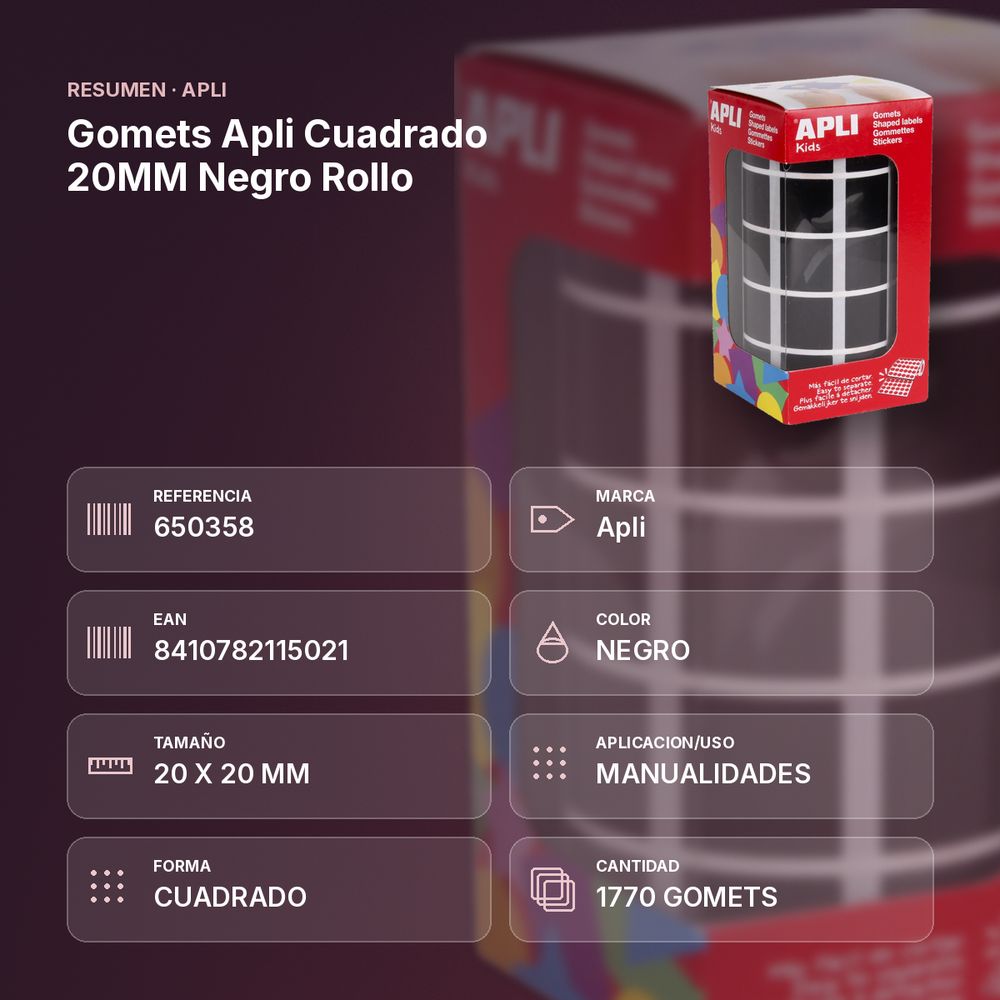 GOMETS APLI CUADRADO 20MM NEGRO ROLLO - resumen de atributos