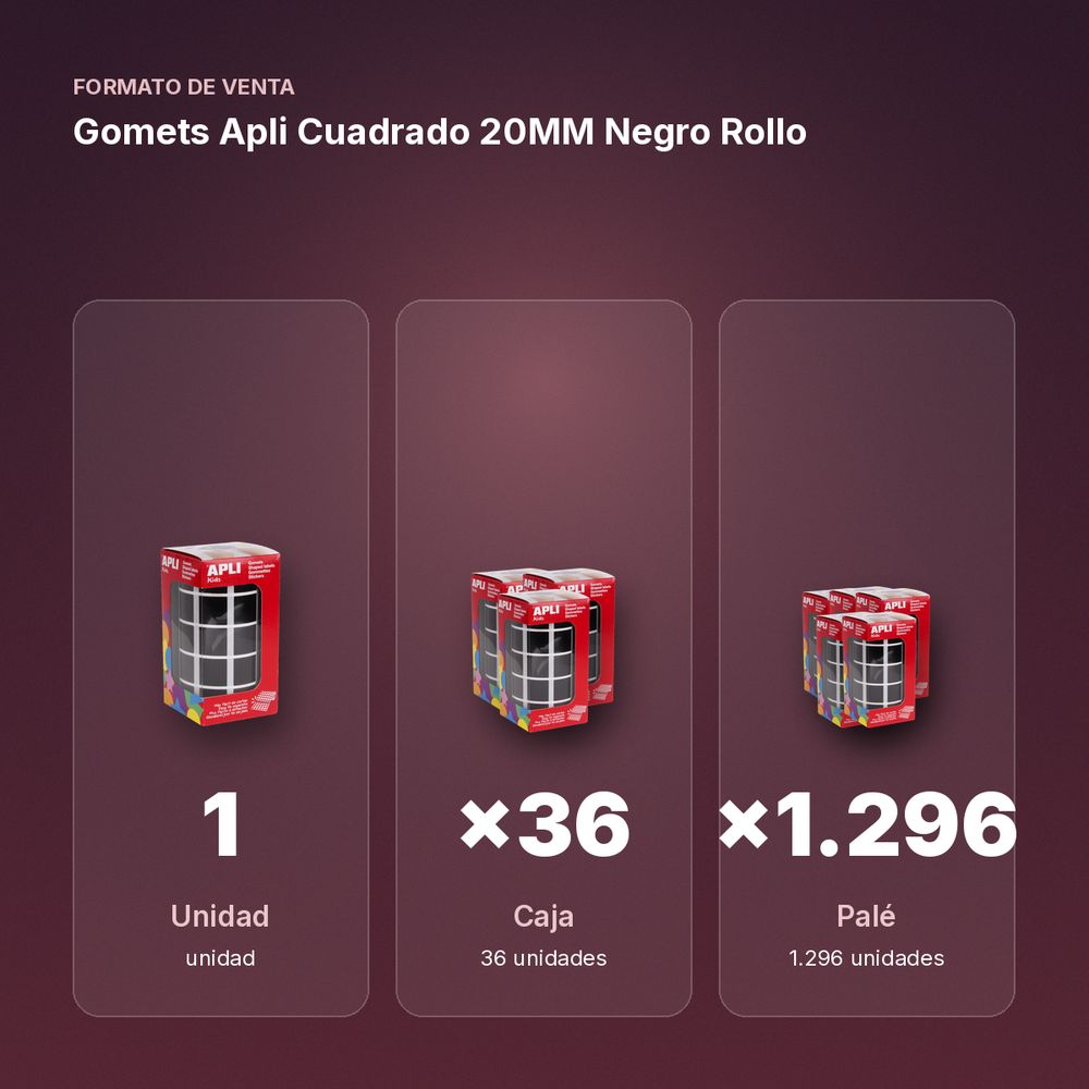 GOMETS APLI CUADRADO 20MM NEGRO ROLLO - formato de venta: caja de 36, palé de 1296